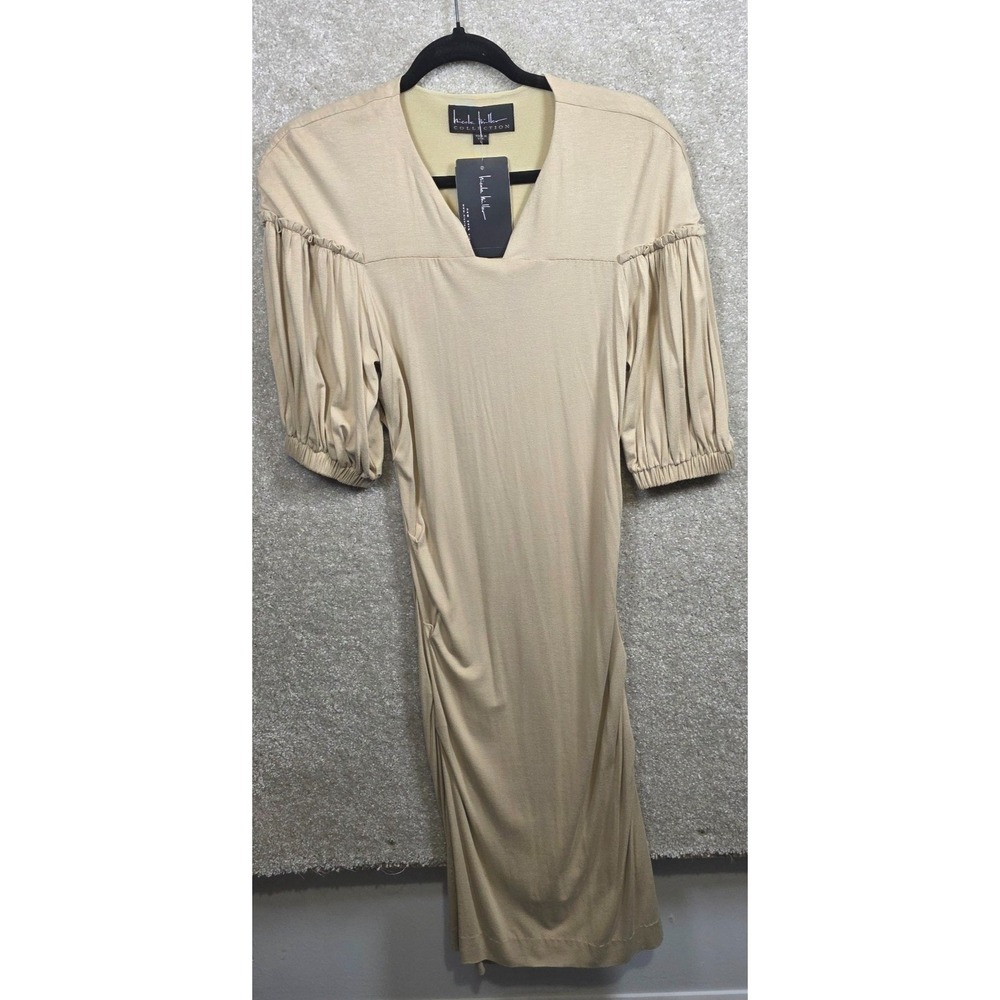 Nicole Miller Collection Dress Womens L Beige Ruched Puff Sleeve Midi BF0551